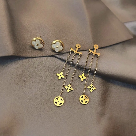 Moon Goddess Emporium Jewelry - 18K Gold 2 In 1 Designer Inspired Clover & Flower Drop Dangle Jacket Earrings